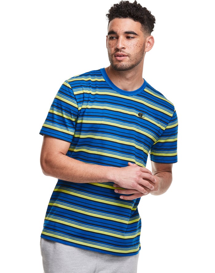 Champion Herre T-Shirts Blå / - Yarn-Dye Stripe C Logo - Danmark CAB-910648